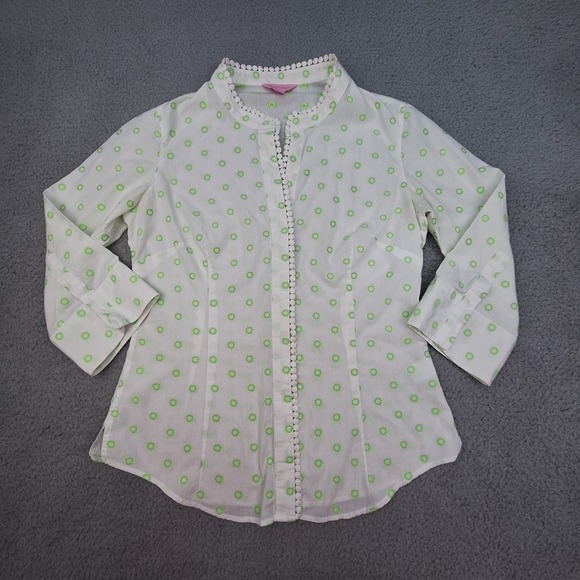 Lilly Pulitzer Tops - Lilly Pulitzer Shirt Womens 2 White Green Embroidered Pom Pom Trim Preppy Top
